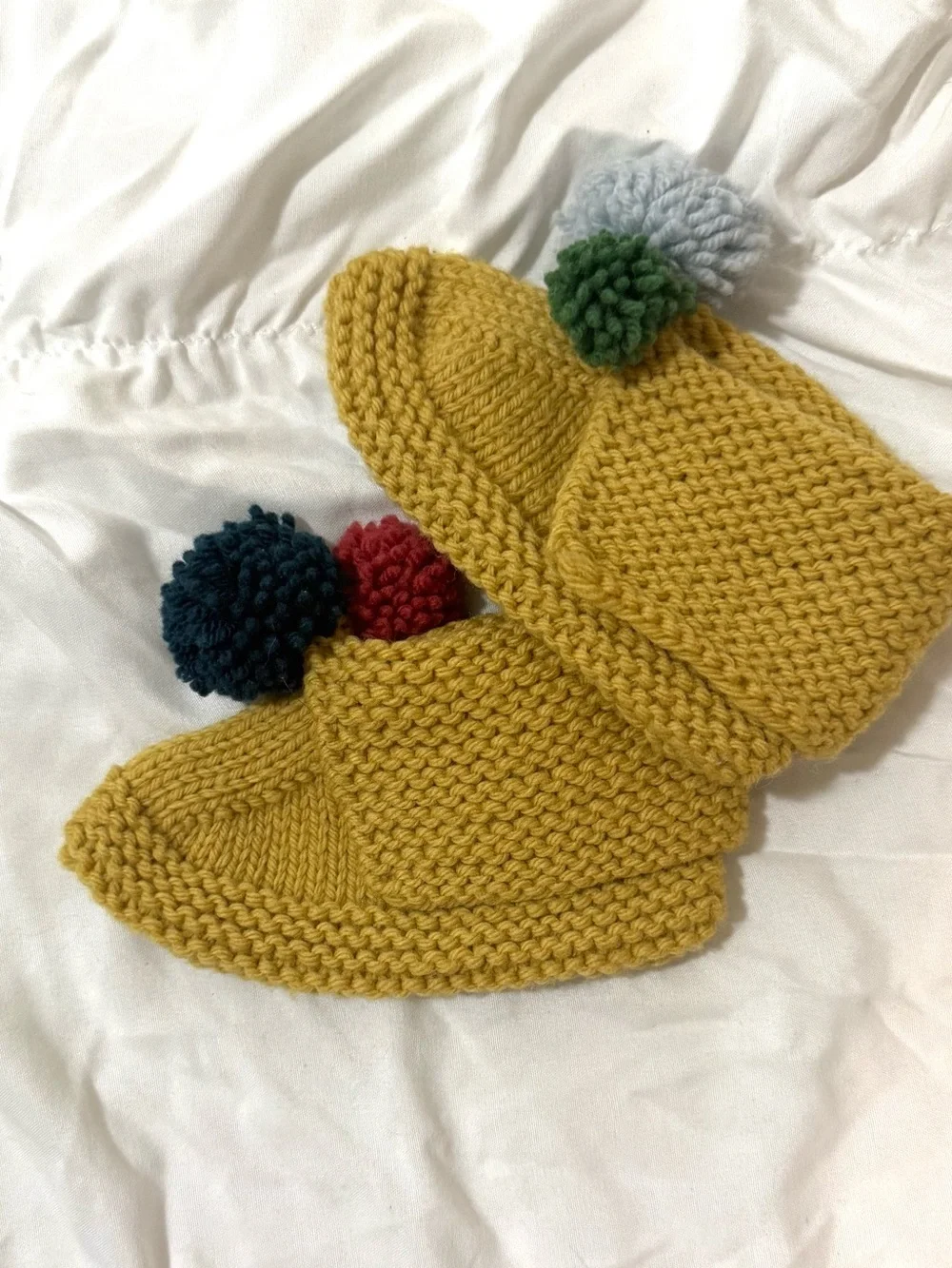 Handmade Kids 12-18 Months Yellow Knit Slippers with Pom-Poms
